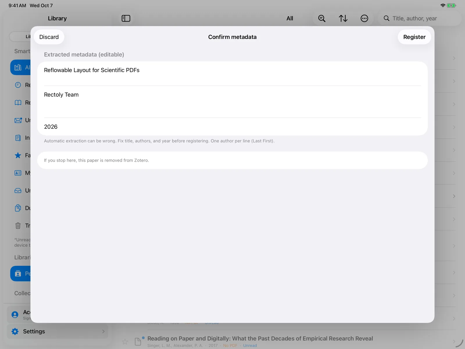 Confirming the title, authors and year before registering