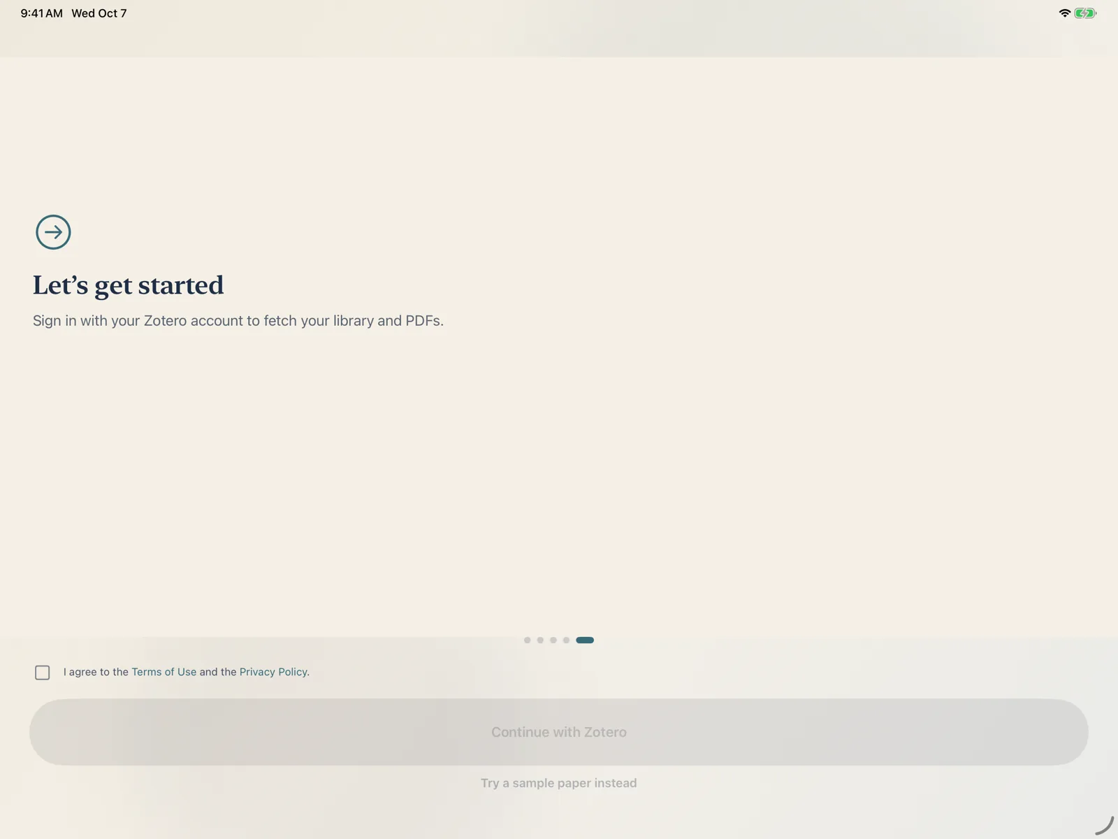 The welcome screen with the terms box and the ways to start