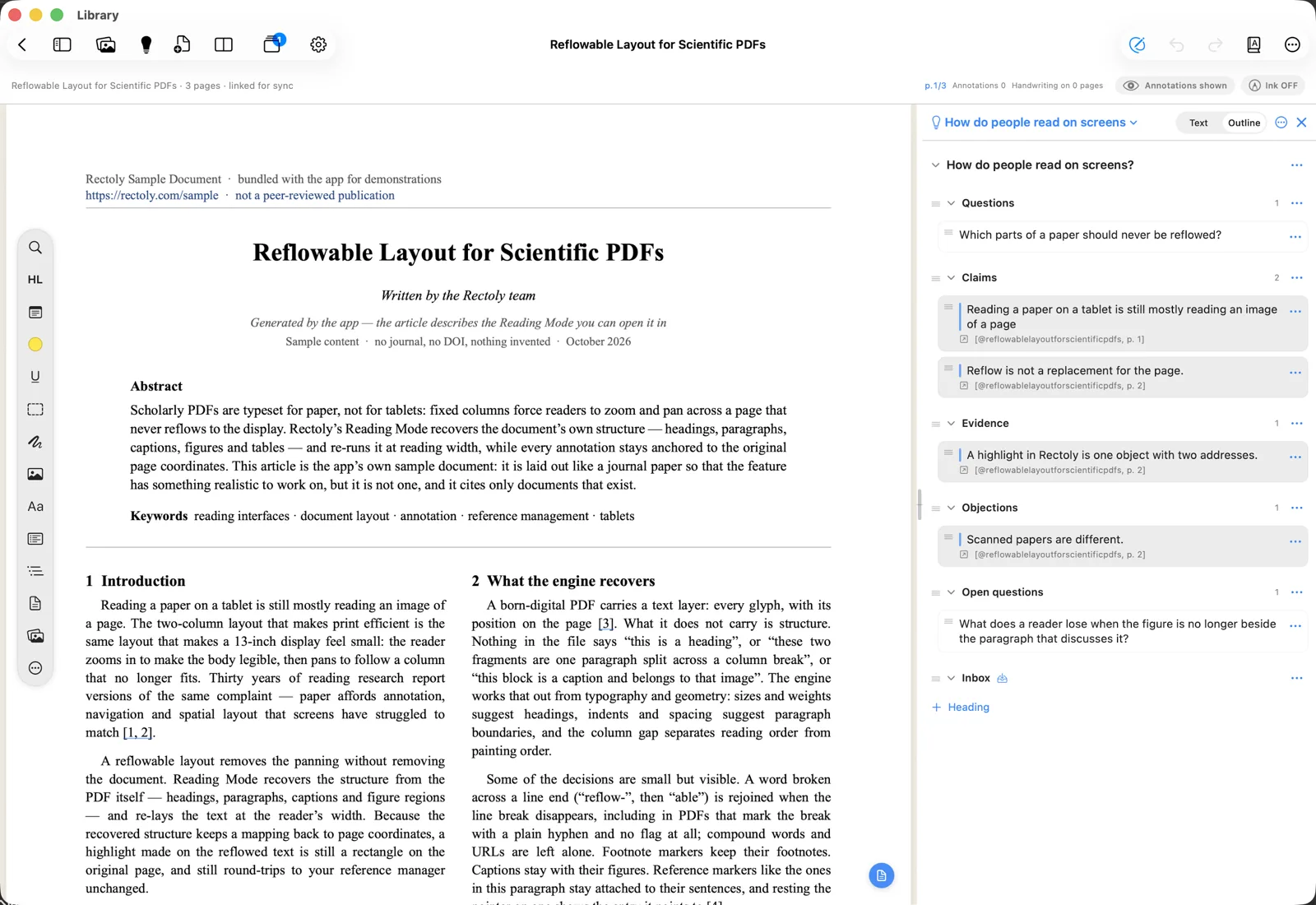 A research theme beside the paper, in the outline view