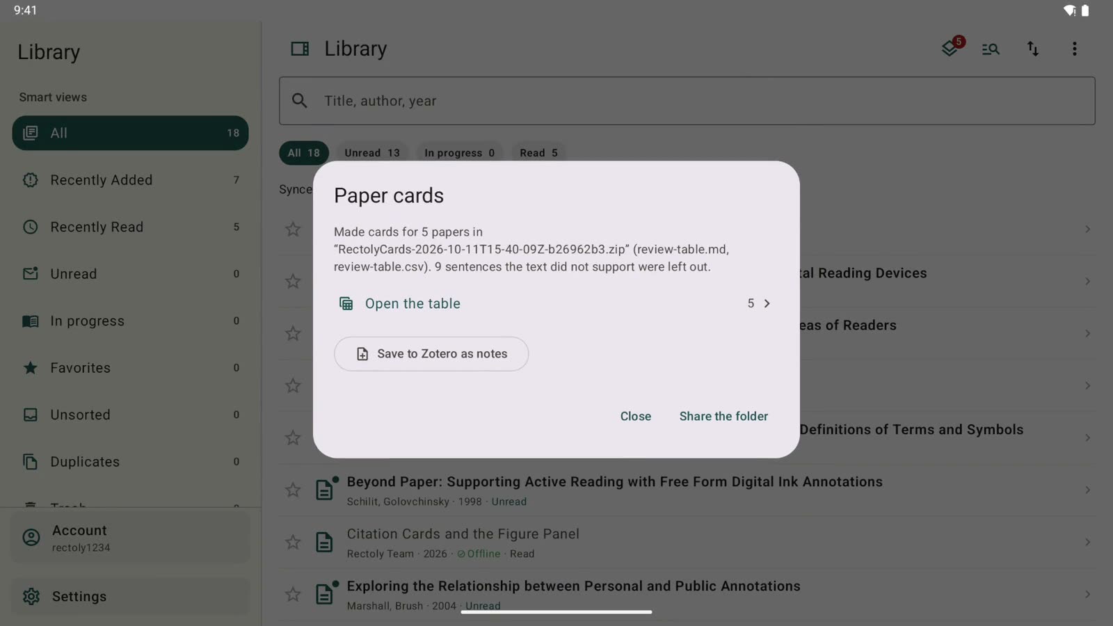 Android タブレットでライブラリのメニューから「論文カード…」を選び、カードを作る。終わると、本文で確かめられなかった文の数が出る