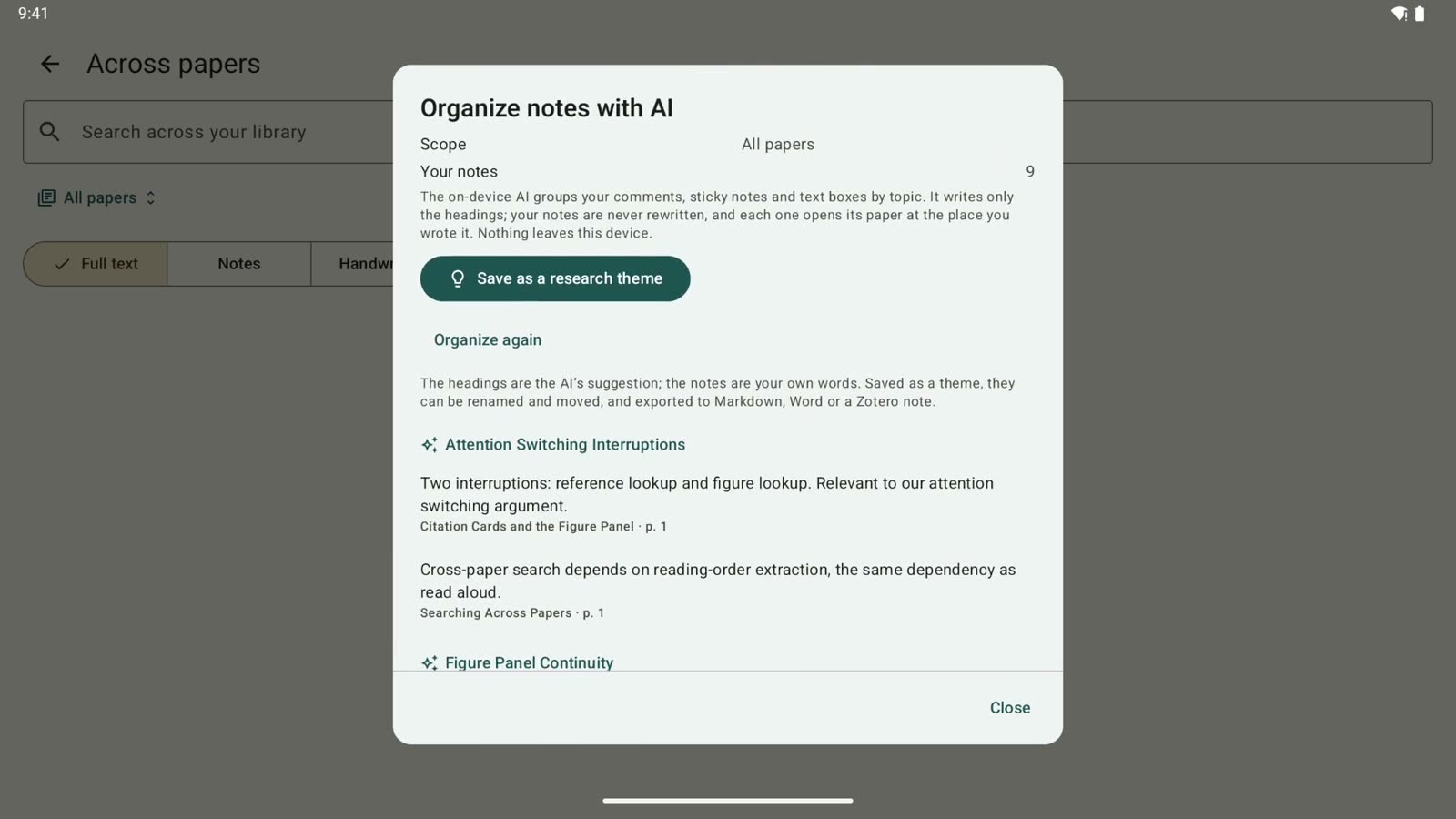 Android タブレットの Rectoly。「論文を横断」に、たくさんの論文のノートが AI の付けた見出しごとに並んでいる