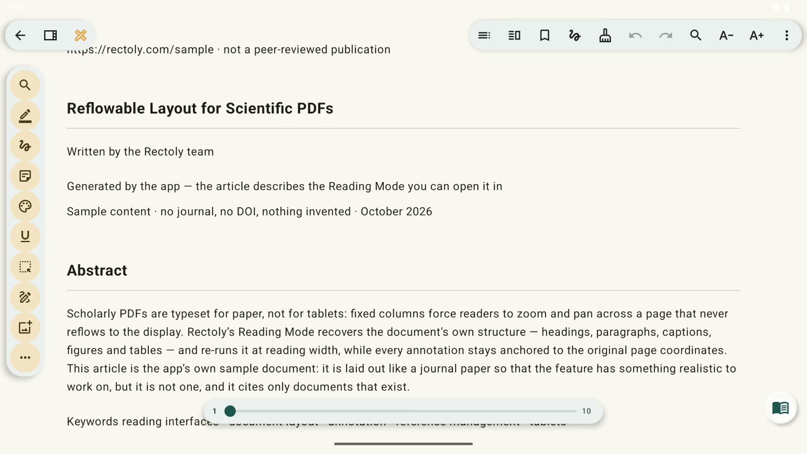 Android タブレットの読書モードで、ハイライトと下線を付ける様子
