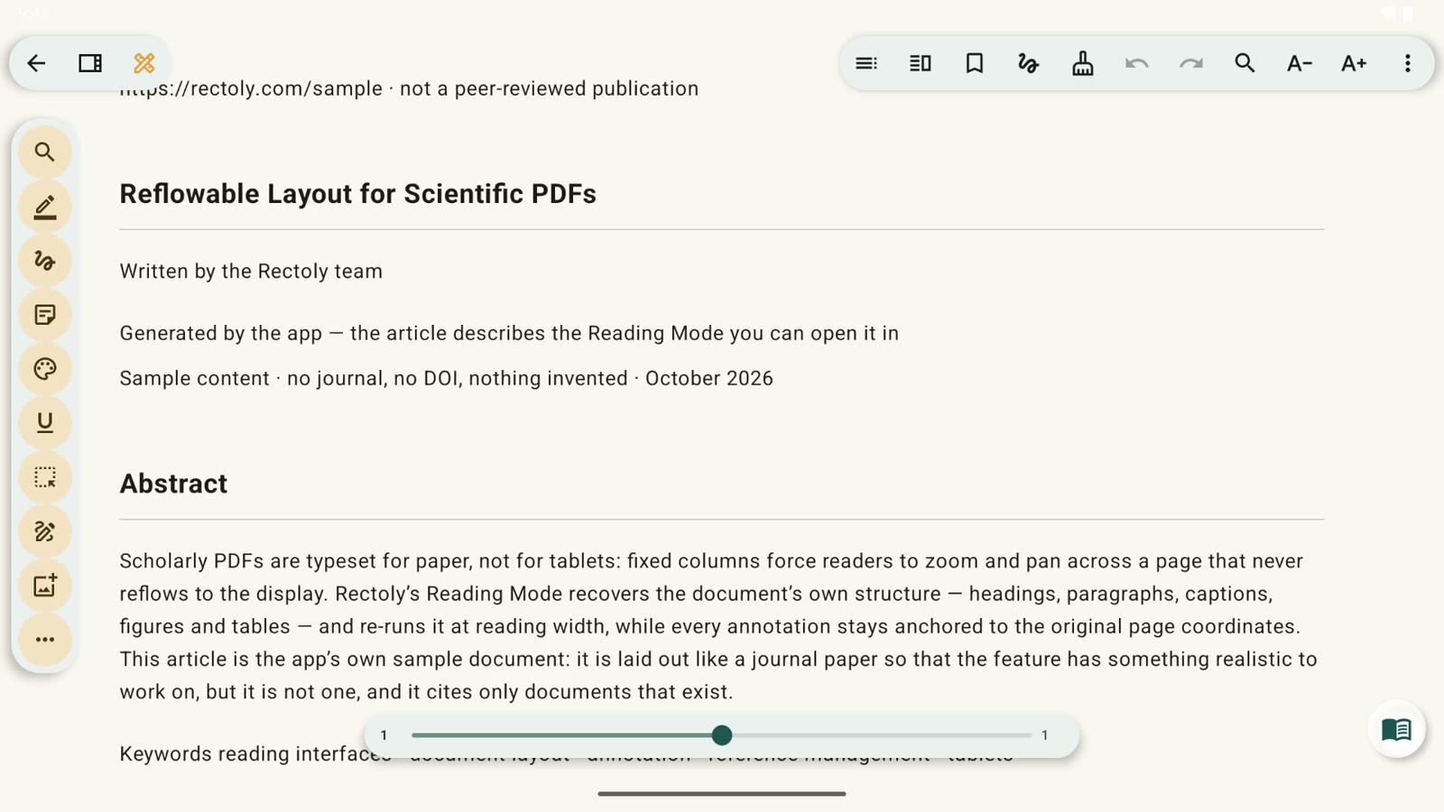 Android タブレットの Rectoly。PDF を読書モードで開き、ハイライトと下線を付け、元のページと並べ、図を横に固定する