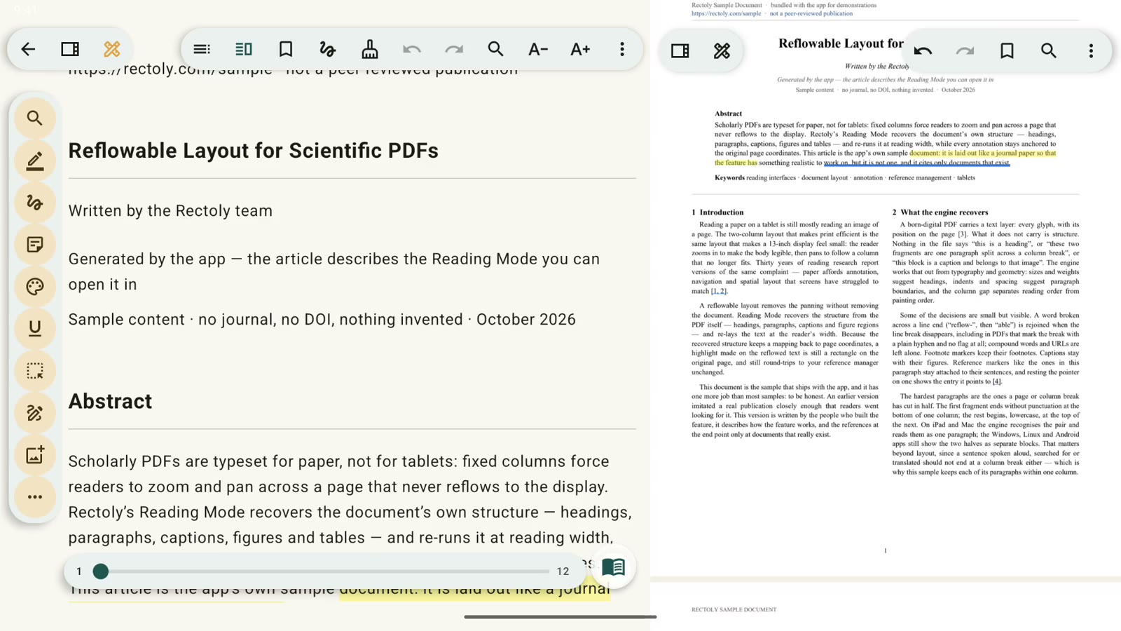 Android タブレットで、読書モードの横に元の PDF ページ
