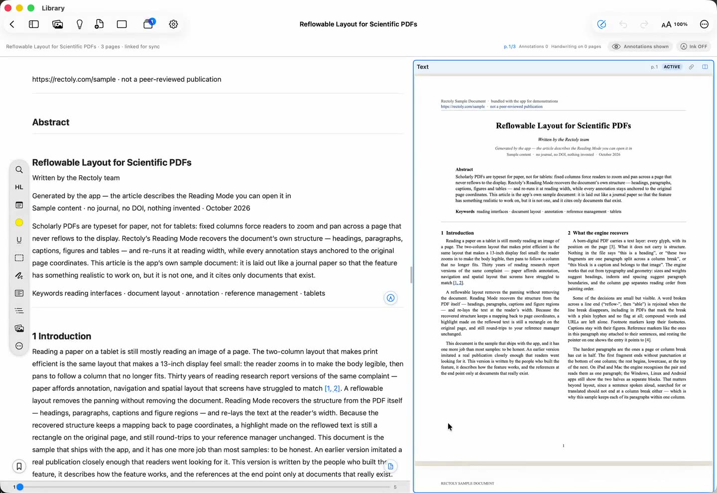 パソコン版 Rectoly。読書モードの論文と元の PDF ページが並び、同じハイライトが両方に入っている