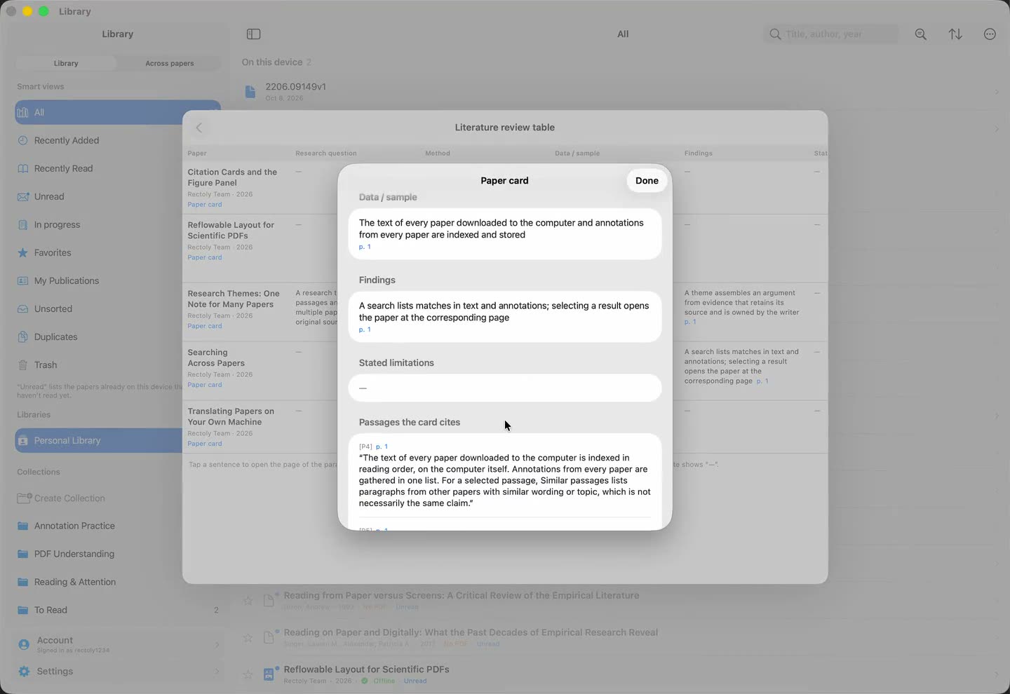 パソコンで 1 本の論文のカードを開いたところ。欄ごとの文にページが付き、その下にカードが引いた段落の引用が並ぶ