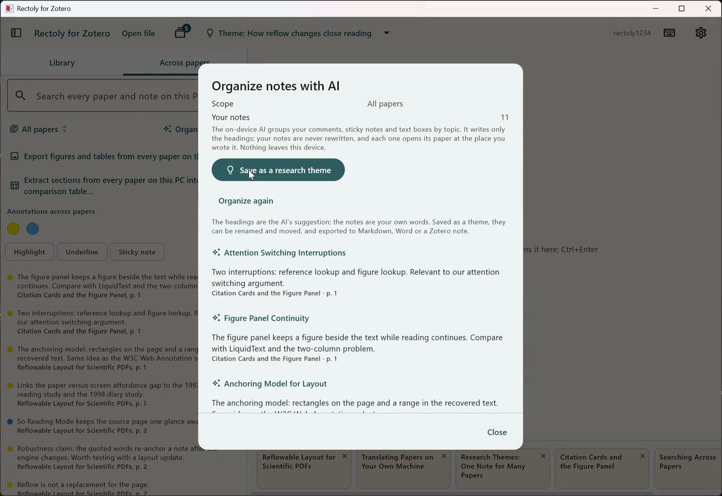 パソコン版 Rectoly。「論文を横断」に、たくさんの論文のノートが AI の付けた見出しごとに並んでいる