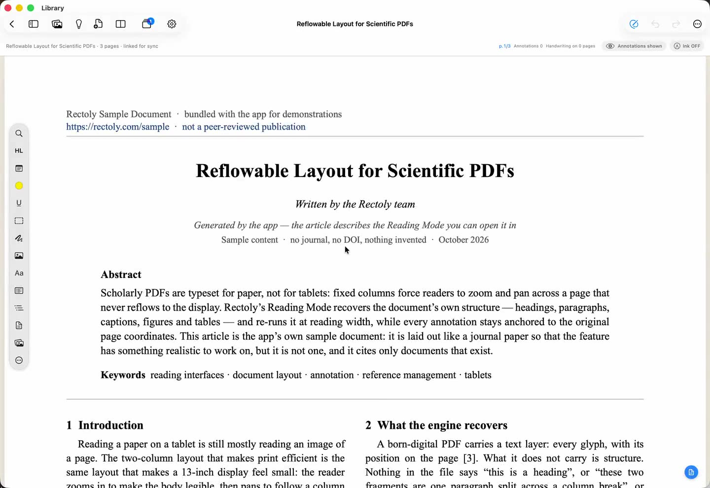 パソコンの Rectoly：2段組の PDF が1カラムの読書モードに組み直されるところ