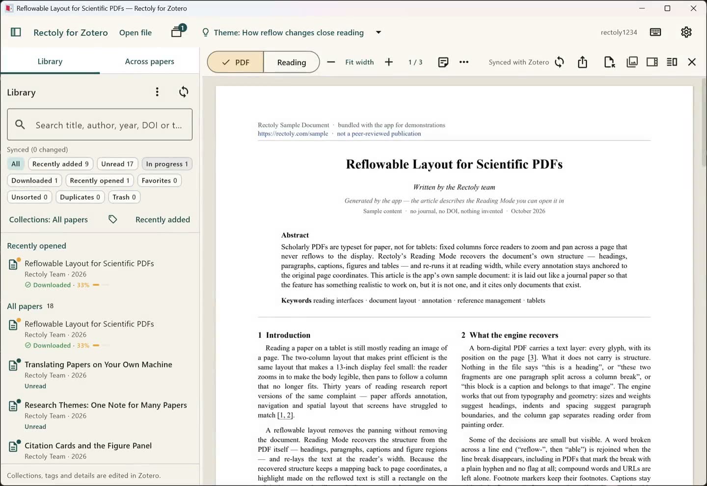 パソコンの Rectoly：2段組の PDF が1カラムの読書モードに組み直されるところ