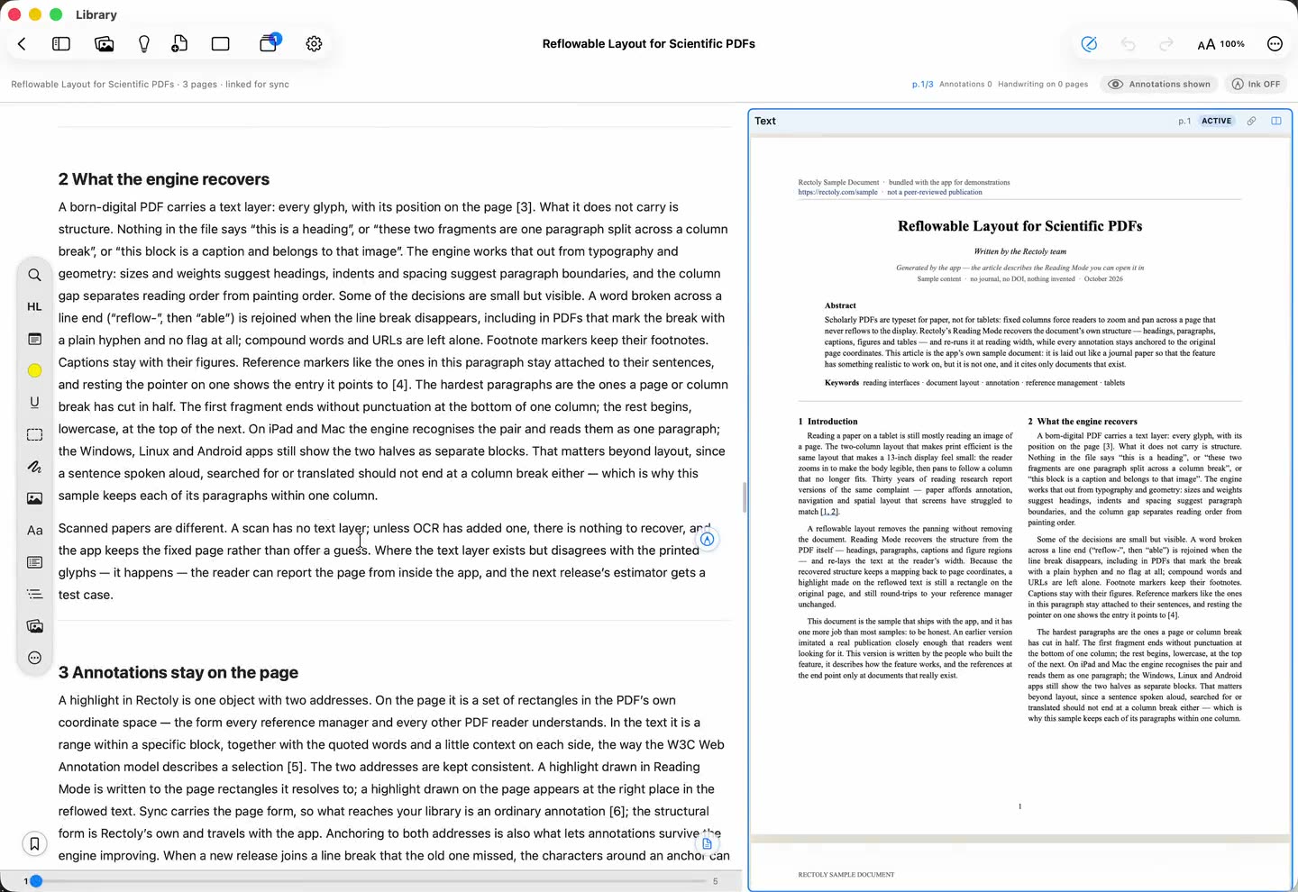 片側に読書モード、もう片側に元の PDF ページ。読み進めると PDF も追う