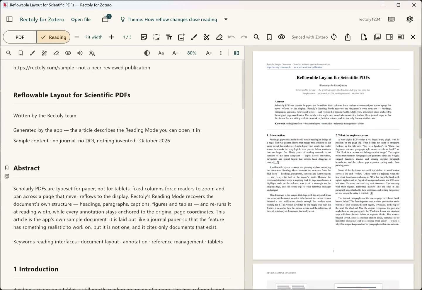 片側に読書モード、もう片側に元の PDF ページ。読み進めると PDF も追う