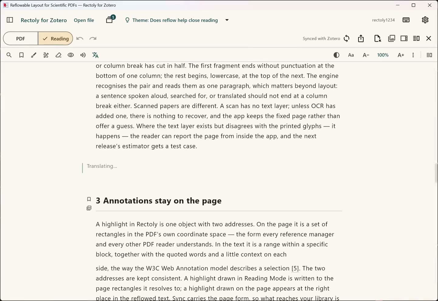 Rectoly translating the paragraphs ahead of the one being read