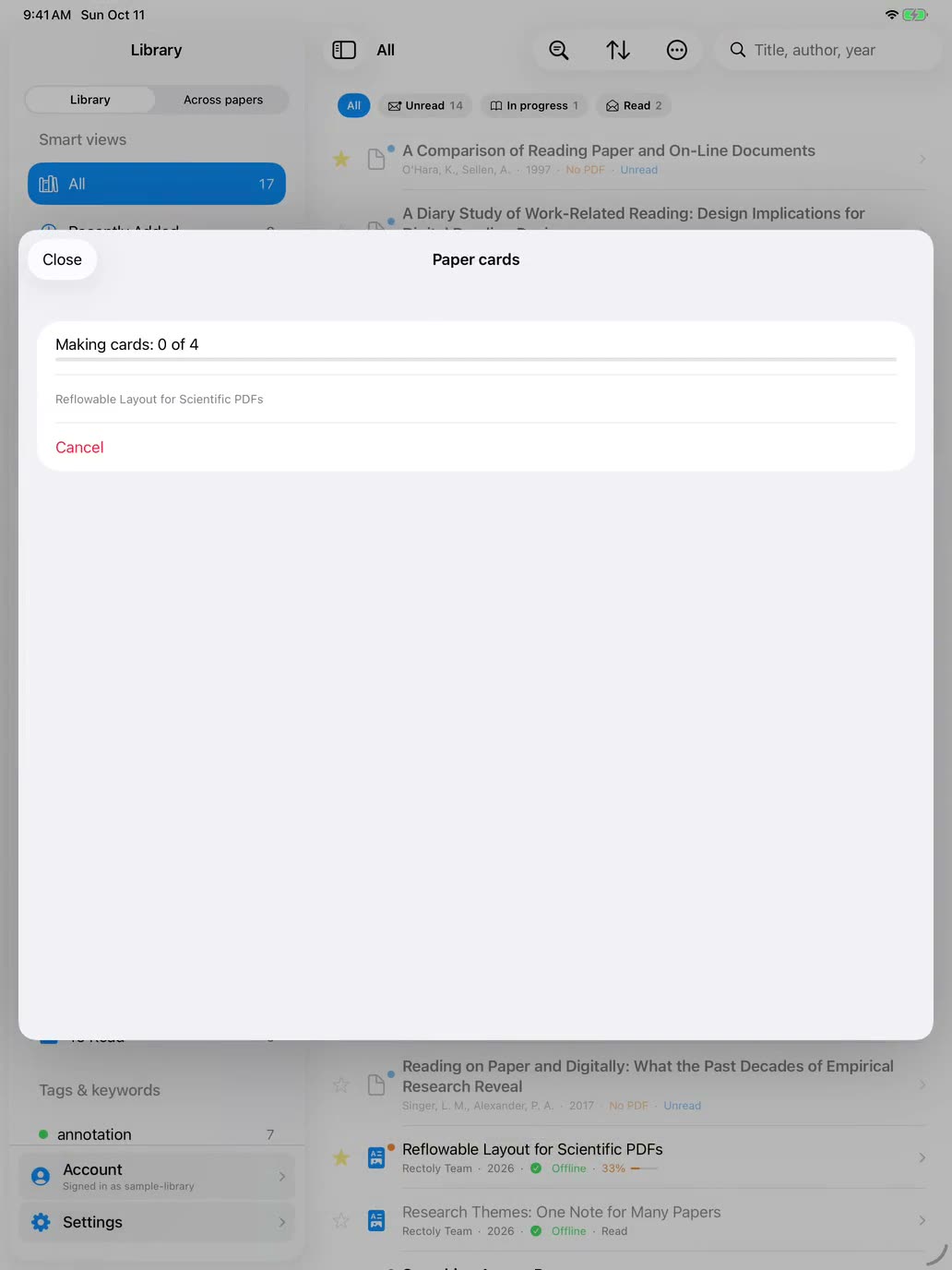 iPad でライブラリのメニューから「論文カード…」を選び、対象を決めて、1 本ずつカードができていく