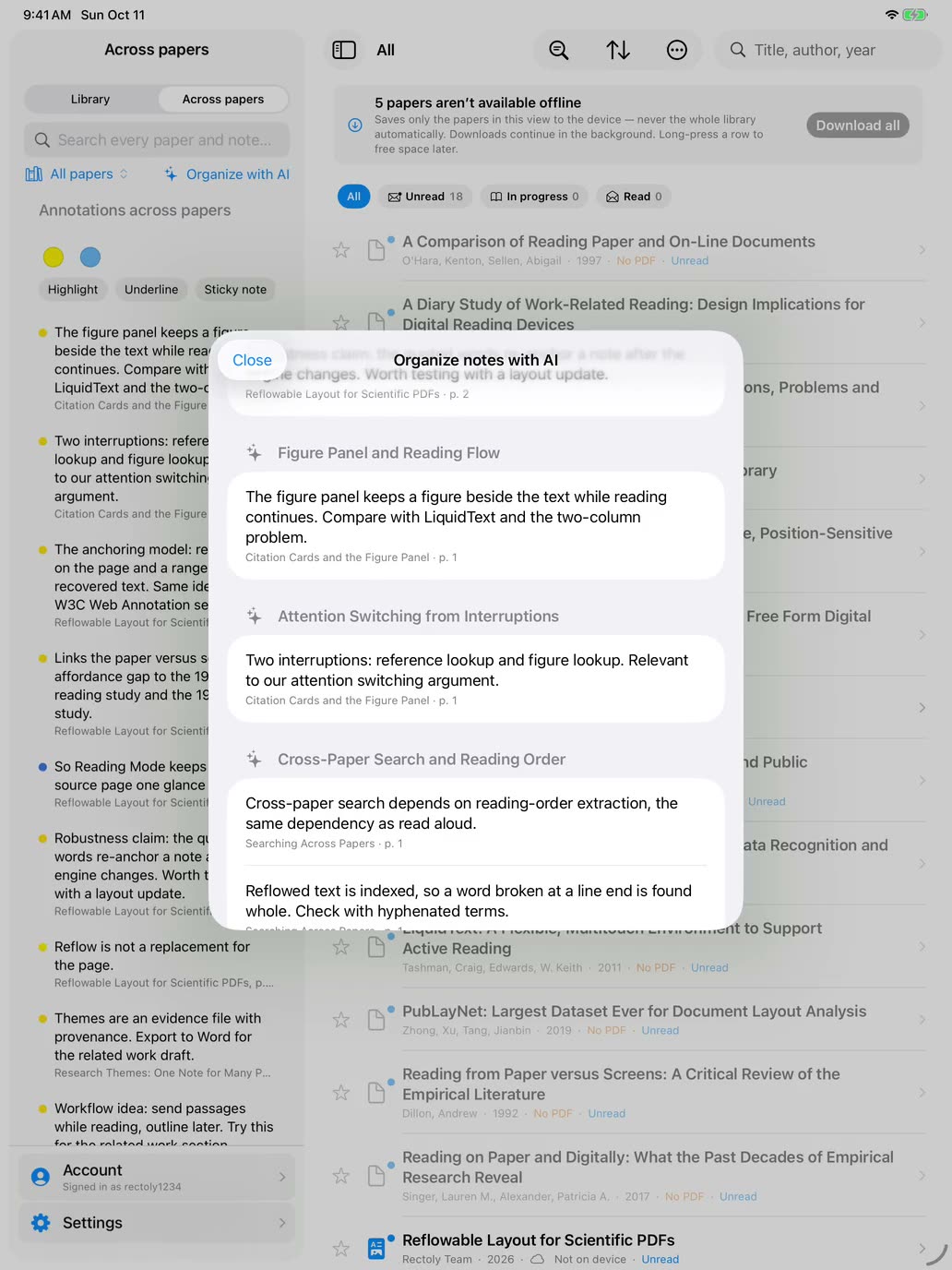 iPad の「論文を横断」。たくさんの論文のノートが、AI が付けた見出しごとに並んでいる