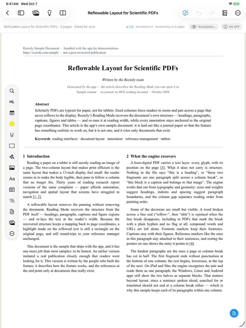 Rectoly on iPad reflowing a two-column paper into one-column Reading Mode
