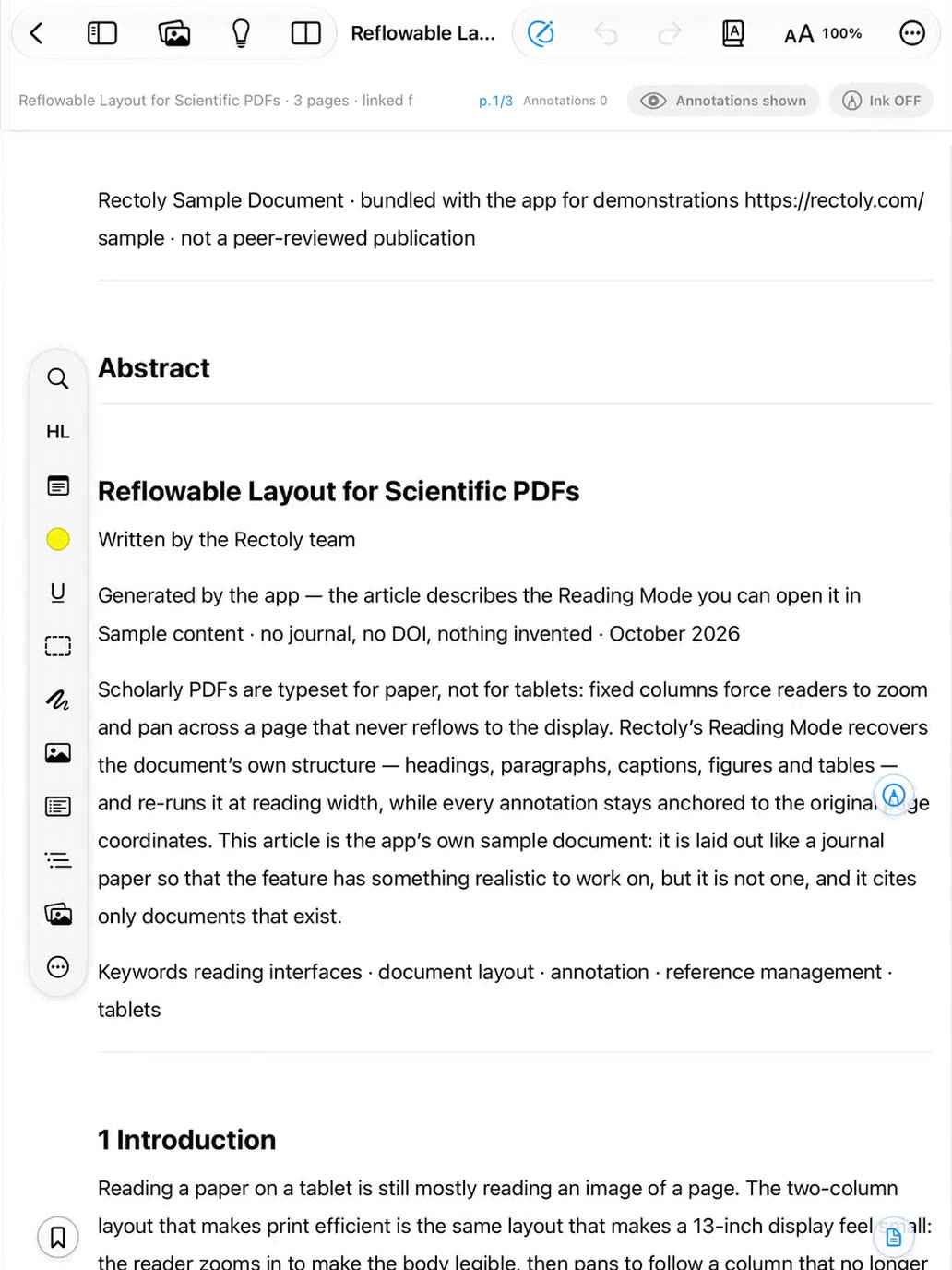 Rectoly on iPad: a paragraph in Reading Mode with its translation directly below it