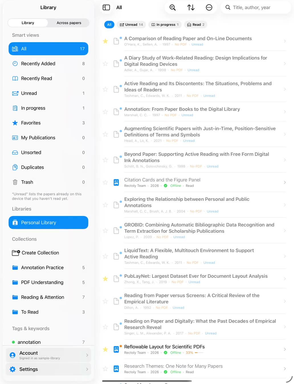 Library view synced with Mendeley