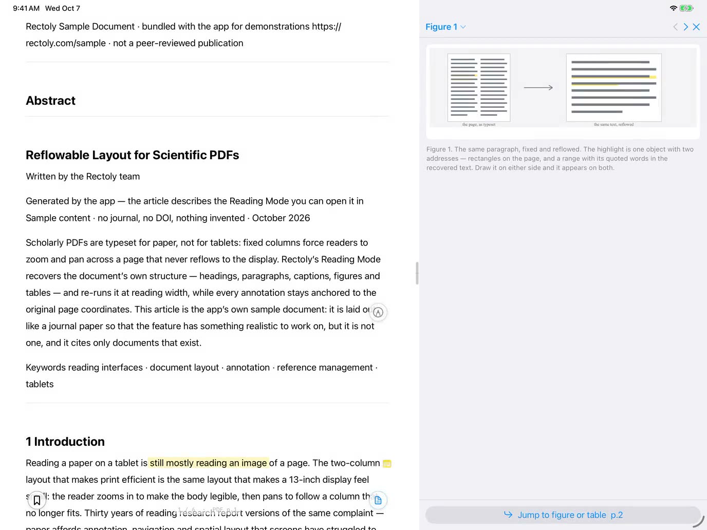 Rectoly on iPad with a figure pinned beside the reflowed text