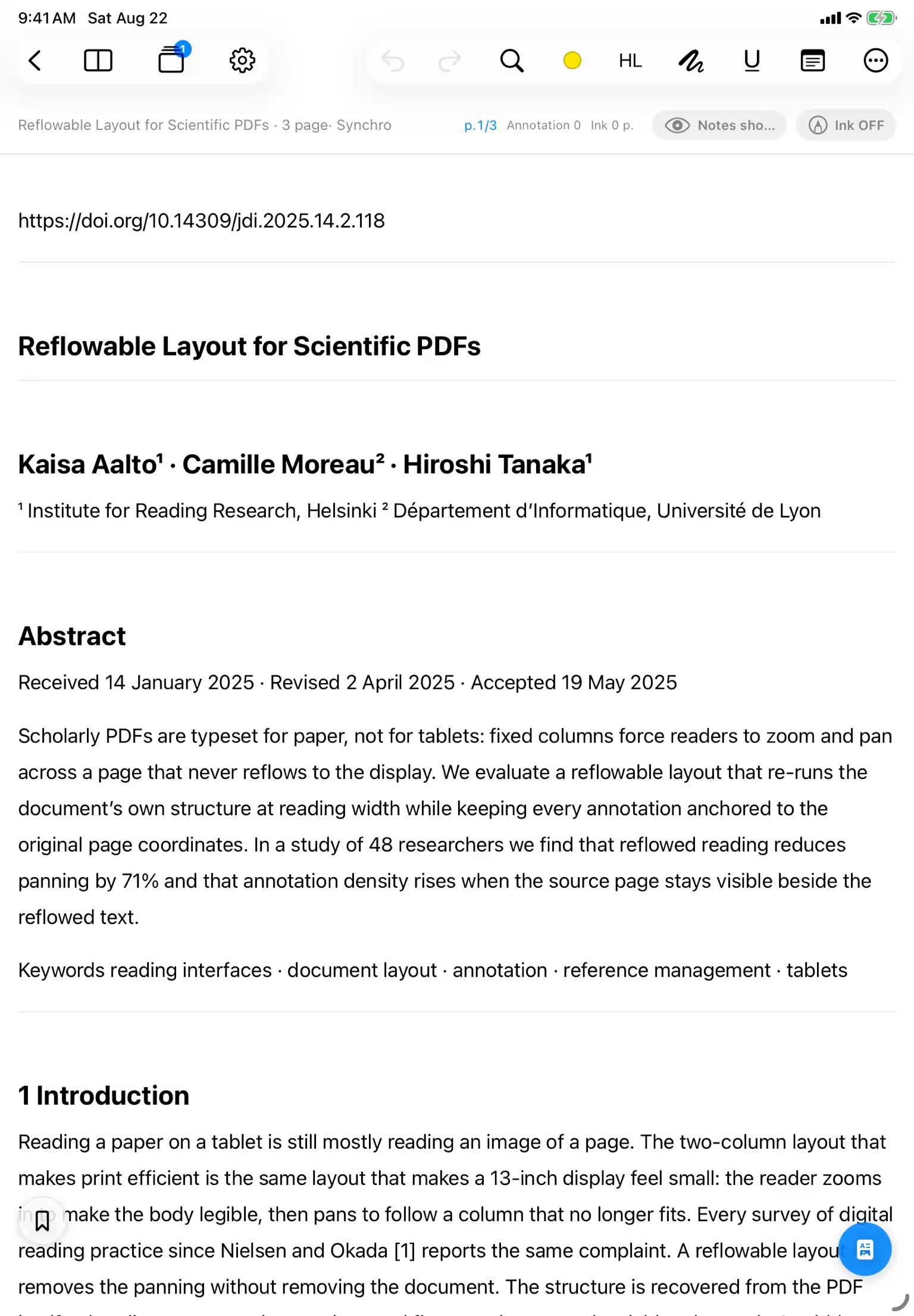 Rectoly for Mendeley — iPad の Reading Mode で論文を読み、横に元のページを開いて、ハイライトと Apple Pencil で書き込んでいる様子