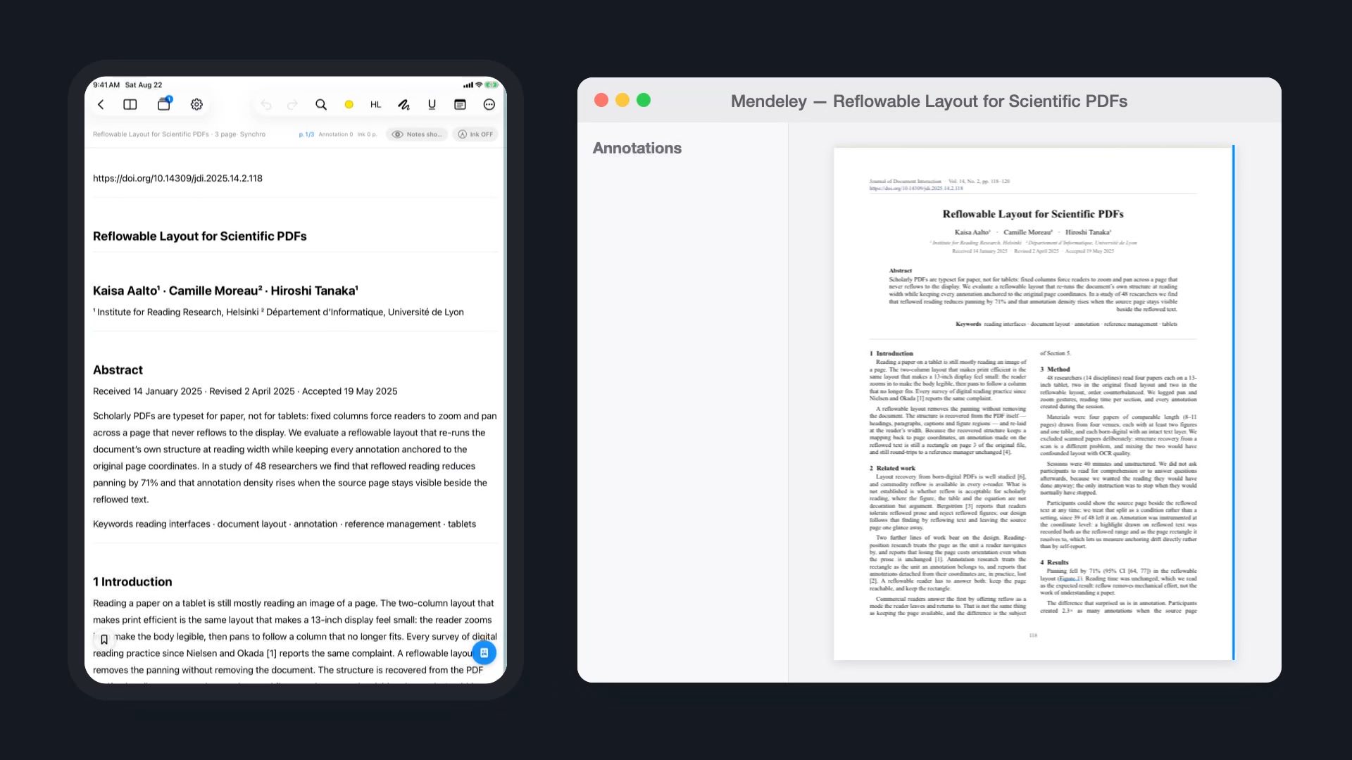 iPad で付けたハイライトがデスクトップの Mendeley に現れる様子